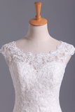 New A-Line Wedding Dresses Bateau Court Train Covered Button Tulle & Lace Applique