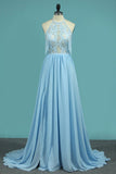 Halter Chiffon A Line Prom Dresses With Applique And Slit Sweep
