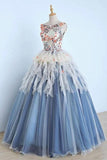 Princess Ball Gown Appliques Blue Tulle Prom Dresses, Sweet 16 Dress, Quinceanera Dress STA15289