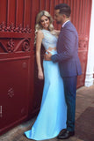 Elegant Two Piece Mermaid Blue Lace High Neck Cap Sleeve Satin Prom Dresses