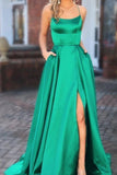 Elegant A Line Green Lace up Prom Dresses with Pockets Slit Formal Evening STA20406