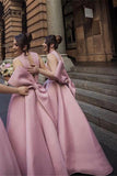 Ball Gown High Neck Satin V Neck Bridesmaid Dresses with Bowknot, Wedding Party Dress STA15559