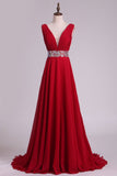 A Line V Neck Pleated Bodice Chiffon Prom Dresses With Beading Court Train