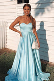 Simple A Line Sky Blue Sweetheart Satin Prom Dresses, Cheap Formal STA20442