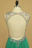 Scoop Open Back A Line With Beads Prom Dresses Sweep