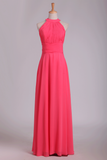 Scoop A Line Ruched Bodice Bridesmaid Dresses Chiffon Floor