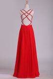 Red A Line Prom Dresses Spaghetti Straps Open Back With Ruffles And Beads