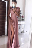 A Line Pink Chiffon V neck Prom Dresses with Split, Long Formal Dress With Handmade Flower STA15010