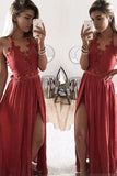 A Line Halter Lace Appliques V Neck Prom Dresses with Slit, Evening STA20454