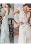 Unique V Neck Cap Sleeves Chiffon Beach Wedding Dress With Beading STAPGG9HAF7