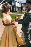 Elegant Two Pieces Yellow Off the Shoulder Prom Dresses Satin Appliques Party Dresses STA15210