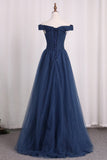 Tulle A Line Off The Shoulder Prom Dresses Ruffled Bodice