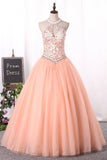 Ball Gown High Neck Quinceanera Dresses Tulle With Applique Lace