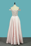 Off The Shoulder Prom Dresses Satin A Line With Beading Floor