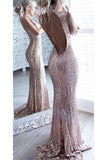 Sparkly Rose Gold Long Sheath Mermaid Open Back Prom Dresses Party
