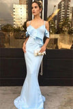 Elegant Sky Blue Spaghetti Straps Long Sheath Mermaid Long Prom