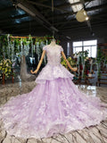 Ball Gown Lace Appliques Cap Sleeves Long Prom Dresses, Quinceanera STA20480