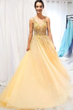 A Line Floor Length Tulle Prom Dress With Sequins Cheap V Neck Long Formal STAP1NJG7JC