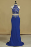Two Pieces High Neck Beaded Bodice Spandex Prom Dresses Dark Royal