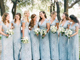 Mermaid Lace Baby Blue V Neck Bridesmaid Dresses for Wedding STA20425