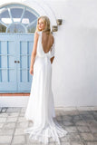 2024 Boho V-neck A-Line White Cheap Lace Chiffon Backless Sash Summer Beach Wedding Dresses
