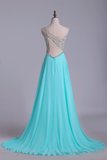 Prom Dresses A Line One Shoulder Tulle & Chiffon Sweep Train With Beading