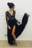 A-Line Long Sleeves Tulle Floor Length Black Prom Dress STAP4DAY74D