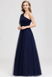 Simple A Line One Shoulder Navy Blue Tulle Prom Dresses Cheap Formal Dresses STA15382