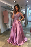 A Line V Neck Satin Prom Dresses With Beading Sweep