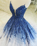 Ombre Ball Gown Royal Blue Prom Dresses With Appliques, Long V Neck Quinceanera Dresses STA15275