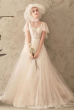 Unique Tulle Lace Long Wedding Dress Ivory Short Sleeves Lace Up Back Bridal STAPK2YQ77B