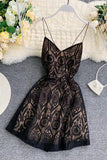A Line Spaghetti Straps Lace V Neck Navy Blue Homecoming Dresses, Sweet 16 Dresses STA15555