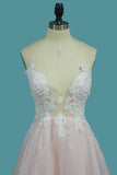 A Line Organza Spaghetti Straps Wedding Dresses With Applique And Beads Open