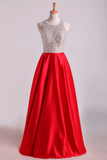 Scoop Open Back Beaded Bodice A Line Prom Dresses Satin &