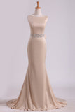 Elegant Bridal Dresses 2024 Mermaid Bateau Court Train Stretch Satin With Beading Open