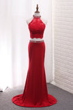 Two Pieces High Neck Spandex Prom Dresses With Applique And Beads Sweep