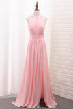 Scoop A Line Chiffon Bridesmaid Dresses With Ruffles And Slit