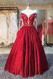 Long Sleeves Prom Dresses A Line Satin With Applique Floor