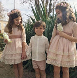 A Line Half Sleeves Pink Round Neck Flower Girl Dresses with Appliques, Baby Dresses STA15546