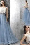 Elegant Long 2 Pieces Lace Sky Blue Prom Gowns Prom