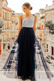Flowy One Shoulder Navy Blue Tulle Long Prom Dresses, Cheap Formal Dresses STA15232