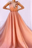 Charming Orange 3D Flowers Long Prom Dresses V-neck Tulle Cheap Evening Dresses STA15120
