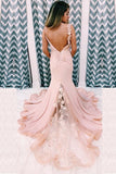 Unique Mermaid V Neck Spaghetti Straps Pink Prom Dresses, Cheap Party Dress STA15605