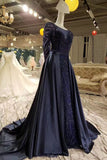 Dark Davy Prom Dresses Removable Train Scoop Tulle With Full Beading Long