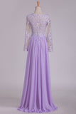 Scoop Long Sleeves Prom Dresses With Applique And Beads A Line