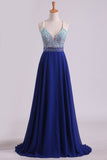 Prom Dresses V Neck Beaded Bodice A Line Open Back Dark Royal Blue Chiffon &