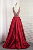 V Neck Satin Prom Dresses A Line With Beading Open Back Sweep