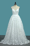 A Line Lace Wedding Dresses Spaghetti Straps With Beads Sweep