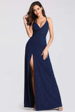Sexy V Neck Long Spaghetti Straps Mermaid Navy Blue Prom Dresses with High Split STA15366