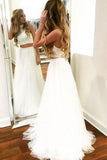 2 Pieces Simple Flowy A-Line Ivory Long Open Back Prom Dresses For